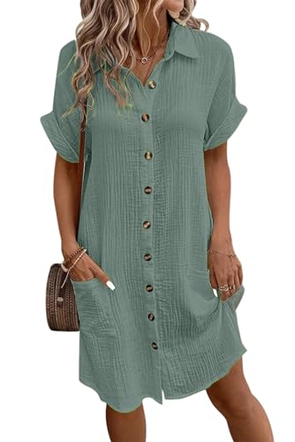VEVESMUNDO Damen Kurzarm Sommerkleid Blusenkleid Baumwolle Leinen Musselin Kleid Leinenkleid Strandkleid Hemdkleid Casual Knielang Kleider mit Taschen (Graugrün,M,DE 38) von VEVESMUNDO