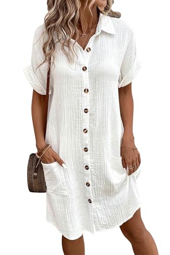 VEVESMUNDO Damen Kurzarm Sommerkleid Blusenkleid Baumwolle Leinen Musselin Kleid Leinenkleid Strandkleid Hemdkleid Casual Knielang Kleider mit Taschen (Weiß,S,DE 36) von VEVESMUNDO