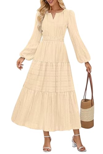 VEVESMUNDO Damen Langarm Freizeitkleid Herbst Baumwolle Maxikleid Casual Elegant Lang A-Linien Kleider Herbstkleid mit Taschen (Beige,XXL) von VEVESMUNDO