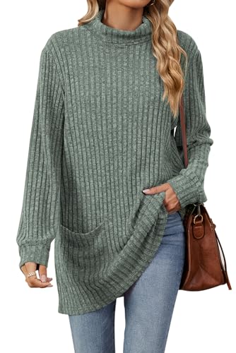 VEVESMUNDO Damen Langarm Rollkragenpullover Oversized Lang Rollkragen Strickpullover Strickpullii Winter Turtleneck Rippstrick Pullover mit Tasche (Armeegrün, XL) von VEVESMUNDO