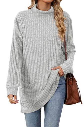 VEVESMUNDO Damen Langarm Rollkragenpullover Oversized Lang Rollkragen Strickpullover Strickpullii Winter Turtleneck Rippstrick Pullover mit Tasche (Hell Grau, XL) von VEVESMUNDO
