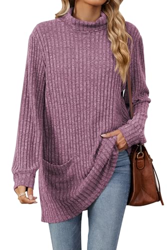 VEVESMUNDO Damen Langarm Rollkragenpullover Oversized Lang Rollkragen Strickpullover Strickpullii Winter Turtleneck Rippstrick Pullover mit Tasche (Lila, L) von VEVESMUNDO