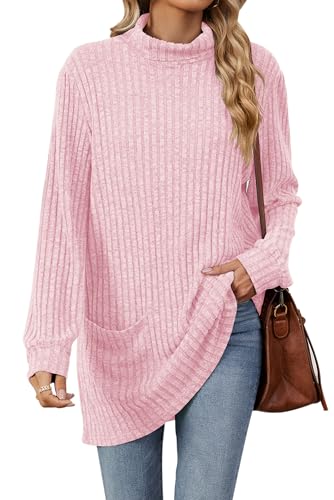 VEVESMUNDO Damen Langarm Rollkragenpullover Oversized Lang Rollkragen Strickpullover Strickpullii Winter Turtleneck Rippstrick Pullover mit Tasche (Rosa, L) von VEVESMUNDO