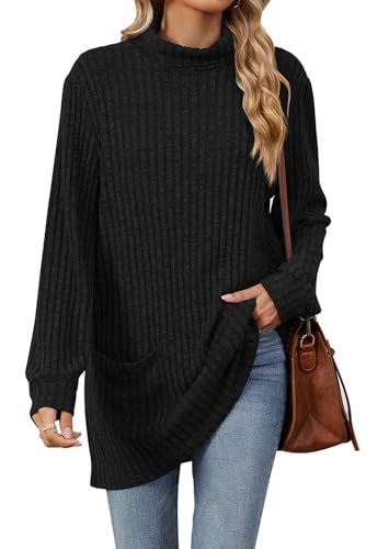 VEVESMUNDO Damen Langarm Rollkragenpullover Oversized Lang Rollkragen Strickpullover Strickpullii Winter Turtleneck Rippstrick Pullover mit Tasche (Schwarz, 2XL) von VEVESMUNDO