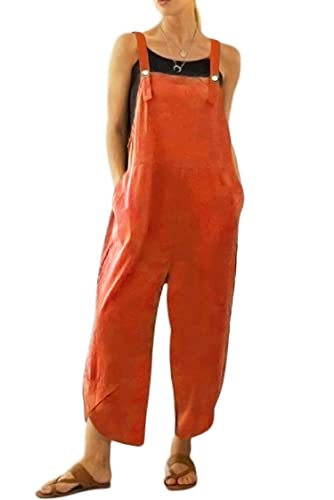 VEVESMUNDO Damen Latzhose Sommer Baggy Baumwolle Lang Elegant Retro Loose Breite Beine Jumpsuit Playsuit Overall Dungarees Hosen mit Taschen 34 36 38 40 42 44 46 48 50 von VEVESMUNDO