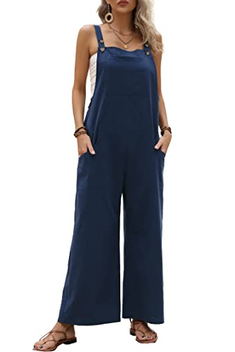 VEVESMUNDO Damen Latzhose Sommer Baumwolle Leinen Baggy Hosen Lang ärmellos Elegant Overalls Jumpsuits mit Taschen Gr. 36 38 40 42 44 (Dunkelblau,M) von VEVESMUNDO