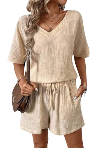 VEVESMUNDO Damen Musselin Bluse Zweiteiler Sommer Kurz Baumwolle Strand Outfits Bluse und Shorts Set Gr.36 38 40 42(Aprikosenfarbe,M) von VEVESMUNDO