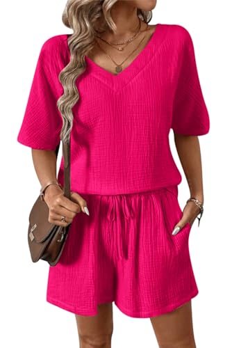 VEVESMUNDO Damen Musselin Bluse Zweiteiler Sommer Kurz Baumwolle Strand Outfits Bluse und Shorts Set Gr.36 38 40 42(Rosarot,XL) von VEVESMUNDO