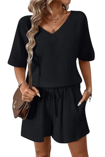 VEVESMUNDO Damen Musselin Bluse Zweiteiler Sommer Kurz Baumwolle Strand Outfits Bluse und Shorts Set Gr.36 38 40 42(Schwarz,M) von VEVESMUNDO