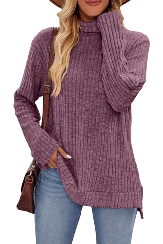 VEVESMUNDO Damen Rollkragenpullover Langarm Oversized Rollkragen Strickpullover Winter Turtleneck Rippstrick Pullover mit Seitenschlitzen (Lila, 2XL) von VEVESMUNDO
