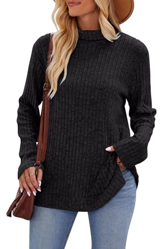 VEVESMUNDO Damen Rollkragenpullover Langarm Oversized Rollkragen Strickpullover Winter Turtleneck Rippstrick Pullover mit Seitenschlitzen (Schwarz, 2XL) von VEVESMUNDO