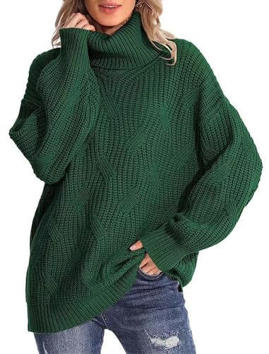 VEVESMUNDO Damen Rollkragenpullover Oversized Langarm Rollkragen Grobstrick Strickpullover Winter Rippstrick Pullover (Grün, M) von VEVESMUNDO