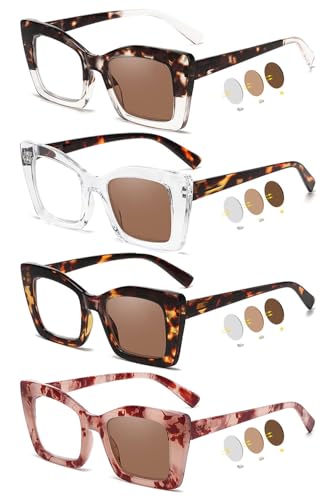 VEVESMUNDO Damen Selbsttönende Sonnenlesebrille Katzenaugen Getönte Lesehilfe Brille als Sonnenbrille Lesebrille mit UV-Schutz (4 Stück Sonnenbrillen Set, 4.0) von VEVESMUNDO