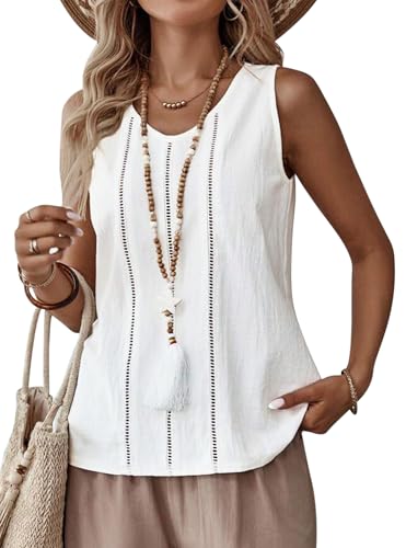 VEVESMUNDO Damen Sommer Ärmellos Leinen Tank Tops Tunika Basic Tops Baumwolle Tanktop Blusentop Gr.36 38 40 42 44 (Weiß,2XL) von VEVESMUNDO