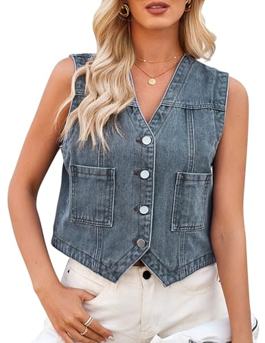 VEVESMUNDO Damen Sommer Kurz Jeansweste Ärmellose Jeansjacke V-Ausschnitt Denim Bluse Weste mit Knopfleiste (Hellblau,XL) von VEVESMUNDO