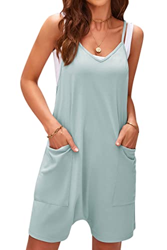 VEVESMUNDO Damen Sommer Kurz Jumpsuits Latzhose Baggy Locker Retro Ärmellose Playsuits Trägerhose mit Taschen Gr.34 36 38 40 42 42 (Bohnengrün,M) von VEVESMUNDO