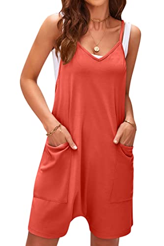 VEVESMUNDO Damen Sommer Kurz Jumpsuits Latzhose Baggy Locker Retro Ärmellose Playsuits Trägerhose mit Taschen Gr.34 36 38 40 42 42 (Orange,XXL) von VEVESMUNDO