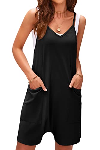 VEVESMUNDO Damen Sommer Kurz Jumpsuits Latzhose Baggy Locker Retro Ärmellose Playsuits Trägerhose mit Taschen Gr.34 36 38 40 42 42 (Schwarz,L) von VEVESMUNDO