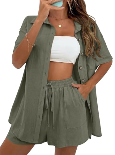 VEVESMUNDO Damen Sommer Kurzarm Musselin Bluse Hemd Und Shorts Zweiteiler Kurz Set Baumwolle Strand Outfit Set Gr.36 38 40 42(Armee grün,M) von VEVESMUNDO