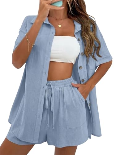 VEVESMUNDO Damen Sommer Kurzarm Musselin Bluse Hemd Und Shorts Zweiteiler Kurz Set Baumwolle Strand Outfit Set Gr.36 38 40 42(Hellblau,S) von VEVESMUNDO