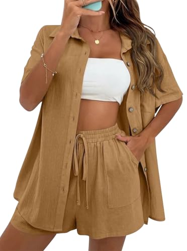 VEVESMUNDO Damen Sommer Kurzarm Musselin Bluse Hemd Und Shorts Zweiteiler Kurz Set Baumwolle Strand Outfit Set Gr.36 38 40 42(Hellbraun,L) von VEVESMUNDO