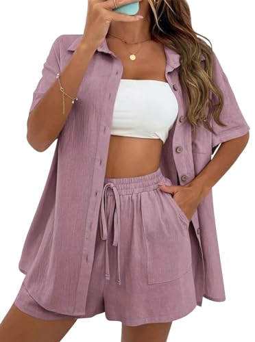 VEVESMUNDO Damen Sommer Kurzarm Musselin Bluse Hemd Und Shorts Zweiteiler Kurz Set Baumwolle Strand Outfit Set Gr.36 38 40 42(Rosa,M) von VEVESMUNDO