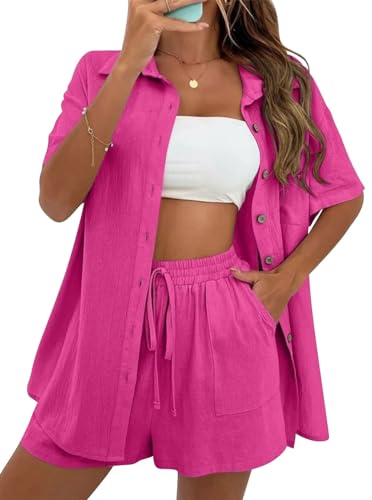 VEVESMUNDO Damen Sommer Kurzarm Musselin Bluse Hemd Und Shorts Zweiteiler Kurz Set Baumwolle Strand Outfit Set Gr.36 38 40 42(Rosarot,S) von VEVESMUNDO