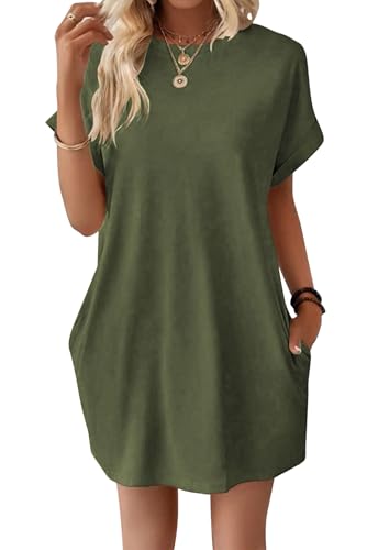 VEVESMUNDO Damen Sommer Kurzarm Shirtkleide T-Shirt Tunika Kurz Kleid Sommerkleid Strandkleid Freizeitkleider mit Taschen (Armeegrün,XL) von VEVESMUNDO