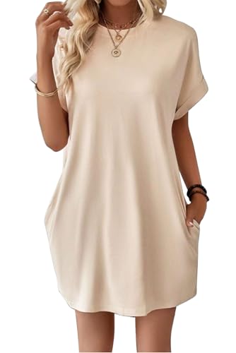 VEVESMUNDO Damen Sommer Kurzarm Shirtkleide T-Shirt Tunika Kurz Kleid Sommerkleid Strandkleid Freizeitkleider mit Taschen (Beige,S) von VEVESMUNDO