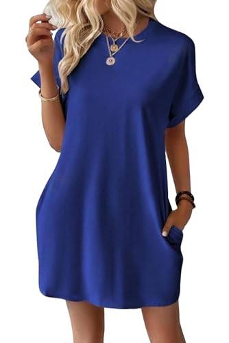VEVESMUNDO Damen Sommer Kurzarm Shirtkleide T-Shirt Tunika Kurz Kleid Sommerkleid Strandkleid Freizeitkleider mit Taschen (Blau,XL) von VEVESMUNDO