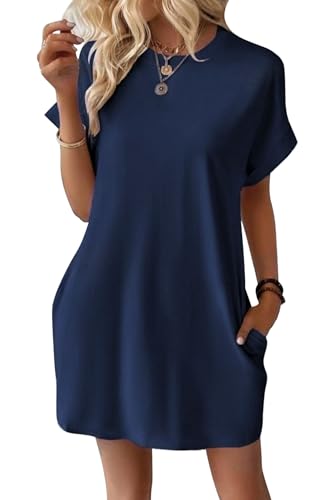 VEVESMUNDO Damen Sommer Kurzarm Shirtkleide T-Shirt Tunika Kurz Kleid Sommerkleid Strandkleid Freizeitkleider mit Taschen (Dunkelblau,L) von VEVESMUNDO