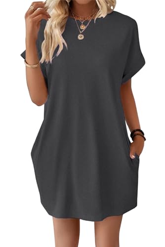 VEVESMUNDO Damen Sommer Kurzarm Shirtkleide T-Shirt Tunika Kurz Kleid Sommerkleid Strandkleid Freizeitkleider mit Taschen (Dunkelgrau,XL) von VEVESMUNDO