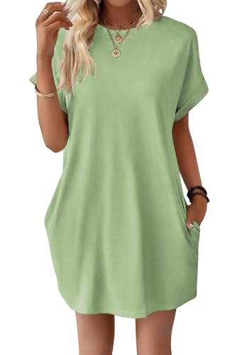 VEVESMUNDO Damen Sommer Kurzarm Shirtkleide T-Shirt Tunika Kurz Kleid Sommerkleid Strandkleid Freizeitkleider mit Taschen (Grün,L) von VEVESMUNDO