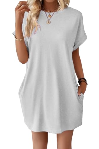 VEVESMUNDO Damen Sommer Kurzarm Shirtkleide T-Shirt Tunika Kurz Kleid Sommerkleid Strandkleid Freizeitkleider mit Taschen (Hellgrau,M) von VEVESMUNDO