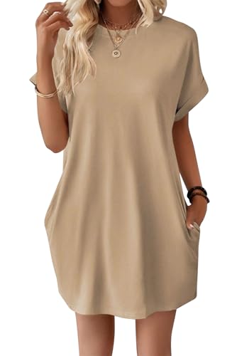 VEVESMUNDO Damen Sommer Kurzarm Shirtkleide T-Shirt Tunika Kurz Kleid Sommerkleid Strandkleid Freizeitkleider mit Taschen (Khaki,XXL) von VEVESMUNDO