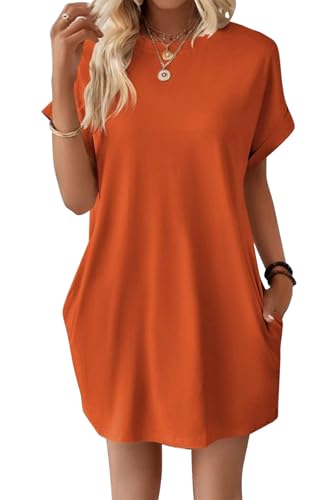 VEVESMUNDO Damen Sommer Kurzarm Shirtkleide T-Shirt Tunika Kurz Kleid Sommerkleid Strandkleid Freizeitkleider mit Taschen (Orange,XL) von VEVESMUNDO
