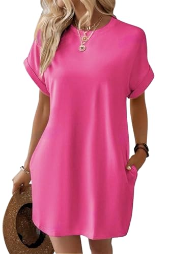 VEVESMUNDO Damen Sommer Kurzarm Shirtkleide T-Shirt Tunika Kurz Kleid Sommerkleid Strandkleid Freizeitkleider mit Taschen (Rosenrot,M) von VEVESMUNDO