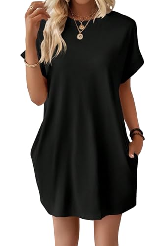 VEVESMUNDO Damen Sommer Kurzarm Shirtkleide T-Shirt Tunika Kurz Kleid Sommerkleid Strandkleid Freizeitkleider mit Taschen (Schwarz,XXL) von VEVESMUNDO