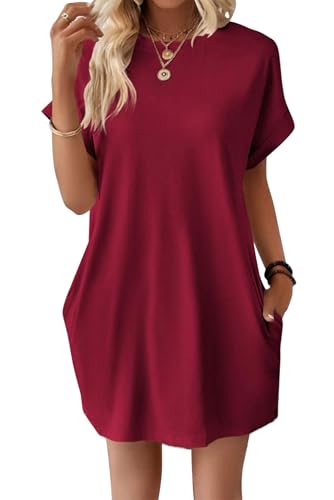 VEVESMUNDO Damen Sommer Kurzarm Shirtkleide T-Shirt Tunika Kurz Kleid Sommerkleid Strandkleid Freizeitkleider mit Taschen (Weinrot,S) von VEVESMUNDO