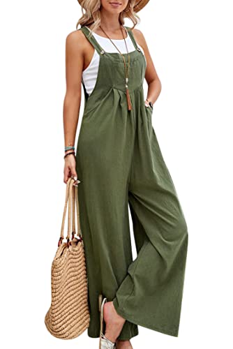 VEVESMUNDO Damen Sommer Latzhose Baumwolle Baggy Jumpsuit Overall Lang Hosen Dungarees Ärmellos Trägerhose Playsuit mit Taschen 34 36 38 40 42 44 (Armeegrün,3XL) von VEVESMUNDO