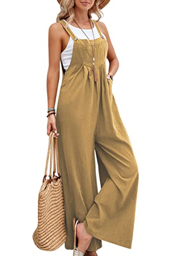 VEVESMUNDO Damen Sommer Latzhose Baumwolle Baggy Jumpsuit Overall Lang Hosen Dungarees Ärmellos Trägerhose Playsuit mit Taschen 34 36 38 40 42 44 (Dunkelgelb,XXL) von VEVESMUNDO