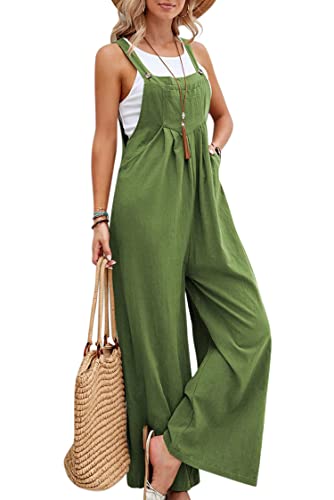 VEVESMUNDO Damen Sommer Latzhose Baumwolle Baggy Jumpsuit Overall Lang Hosen Dungarees Ärmellos Trägerhose Playsuit mit Taschen 34 36 38 40 42 44 (Grasgrün,L) von VEVESMUNDO