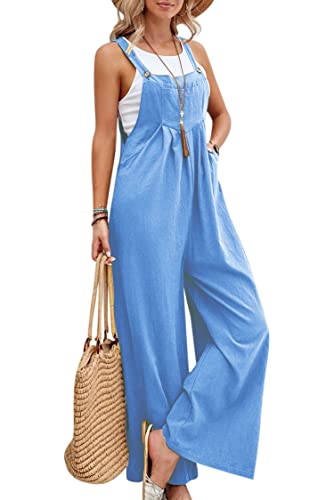 VEVESMUNDO Damen Sommer Latzhose Baumwolle Baggy Jumpsuit Overall Lang Hosen Dungarees Ärmellos Trägerhose Playsuit mit Taschen 34 36 38 40 42 44 (Hellblau,L) von VEVESMUNDO