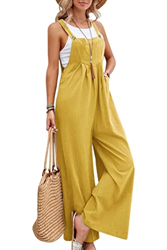 VEVESMUNDO Damen Sommer Latzhose Baumwolle Baggy Jumpsuit Overall Lang Hosen Dungarees Ärmellos Trägerhose Playsuit mit Taschen 34 36 38 40 42 44 (Hellgelb,M) von VEVESMUNDO