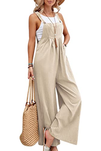 VEVESMUNDO Damen Sommer Latzhose Baumwolle Baggy Jumpsuit Overall Lang Hosen Dungarees Ärmellos Trägerhose Playsuit mit Taschen 34 36 38 40 42 44 (Khaki,3XL) von VEVESMUNDO