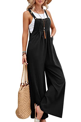 VEVESMUNDO Damen Sommer Latzhose Baumwolle Baggy Jumpsuit Overall Lang Hosen Dungarees Ärmellos Trägerhose Playsuit mit Taschen 34 36 38 40 42 44 (Schwarz,XL) von VEVESMUNDO