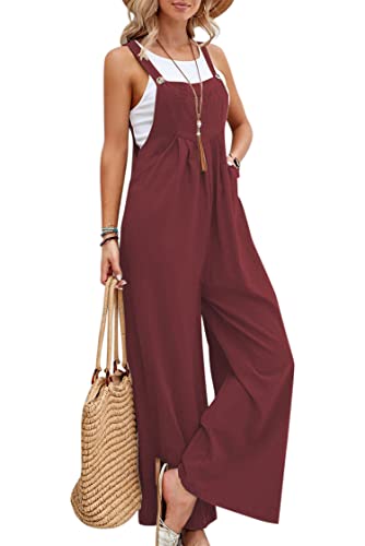 VEVESMUNDO Damen Sommer Latzhose Baumwolle Baggy Jumpsuit Overall Lang Hosen Dungarees Ärmellos Trägerhose Playsuit mit Taschen 34 36 38 40 42 44 (Weinrot,3XL) von VEVESMUNDO