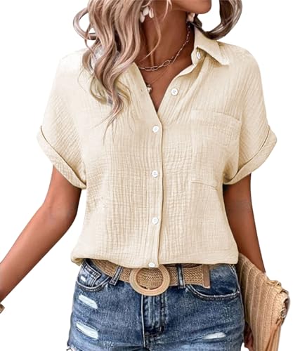 VEVESMUNDO Damen Sommer Leinen Bluse Hemd Baumwolle Kurzarm Lässige Hemdbluse Sommerblusen Oberteile Tops mit Knopfleiste Gr.36 38 40 42 44 (Aprikosenfarbe,L) von VEVESMUNDO