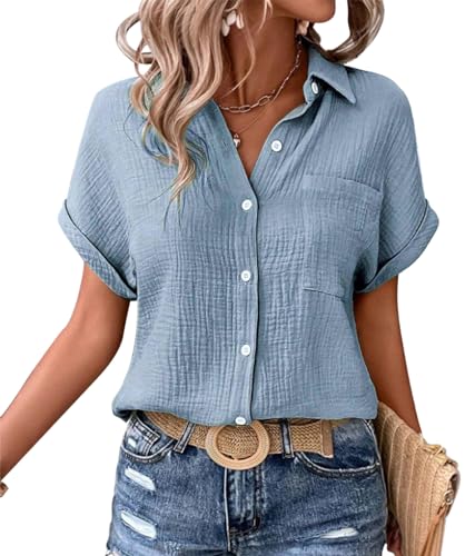 VEVESMUNDO Damen Sommer Leinen Bluse Hemd Baumwolle Kurzarm Lässige Hemdbluse Sommerblusen Oberteile Tops mit Knopfleiste Gr.36 38 40 42 44 (Haze Blue,L) von VEVESMUNDO