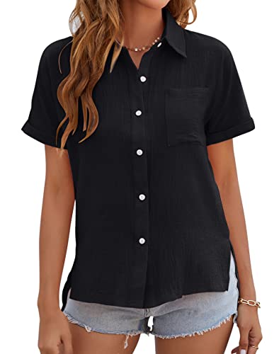 VEVESMUNDO Damen Sommer Leinen Bluse Hemd Baumwolle Kurzarm Lässige Hemdbluse Sommerblusen Oberteile Tops mit Knopfleiste Gr.36 38 40 42 44 (Schwarz,S) von VEVESMUNDO